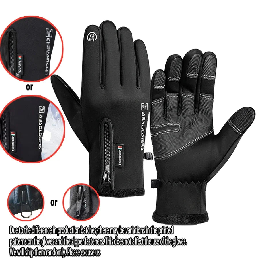 Black waterproof windproof winter gloves shown with close-up details and various sizes.
