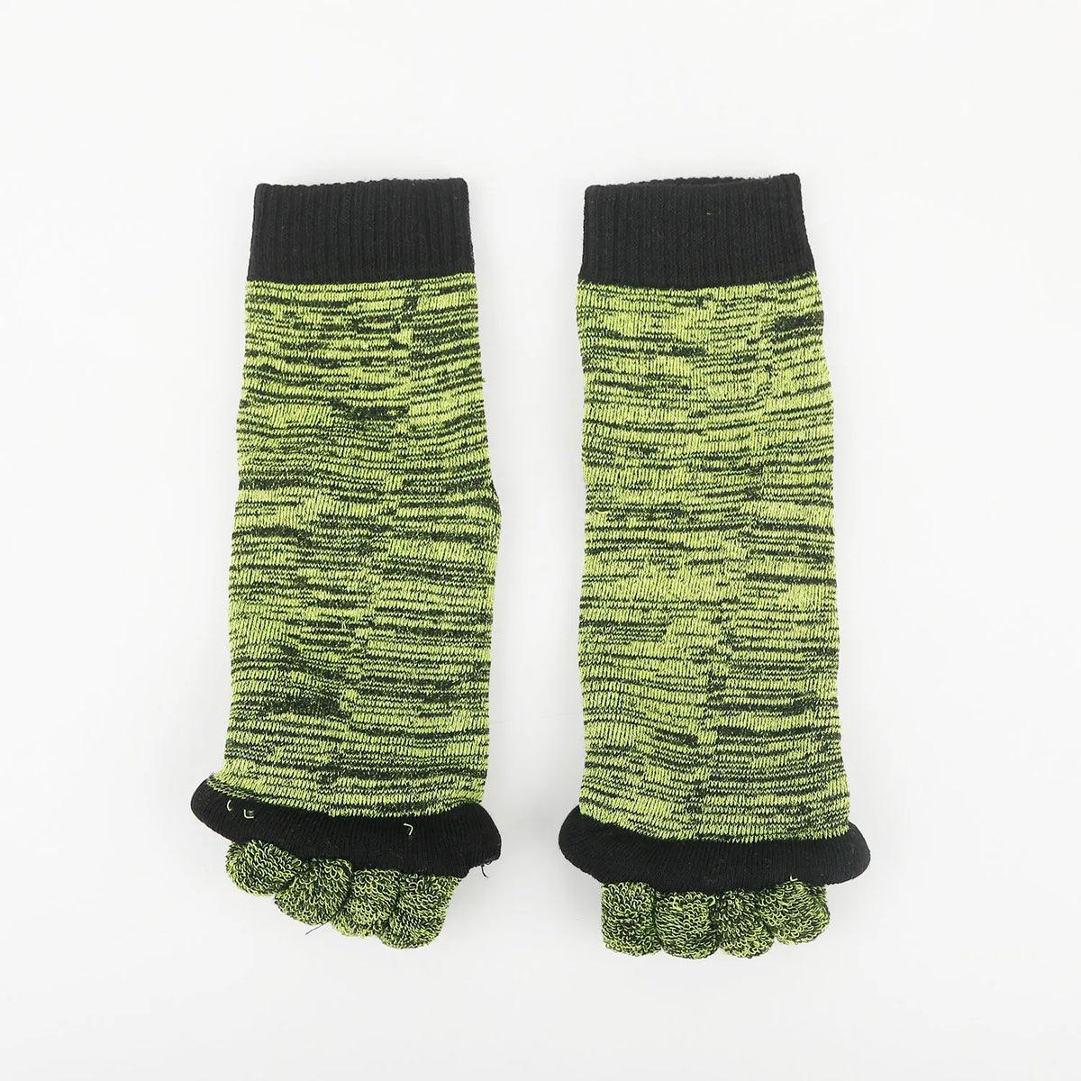 Pair of colorful five-finger yoga socks with black cuffs and neon green textured fabric