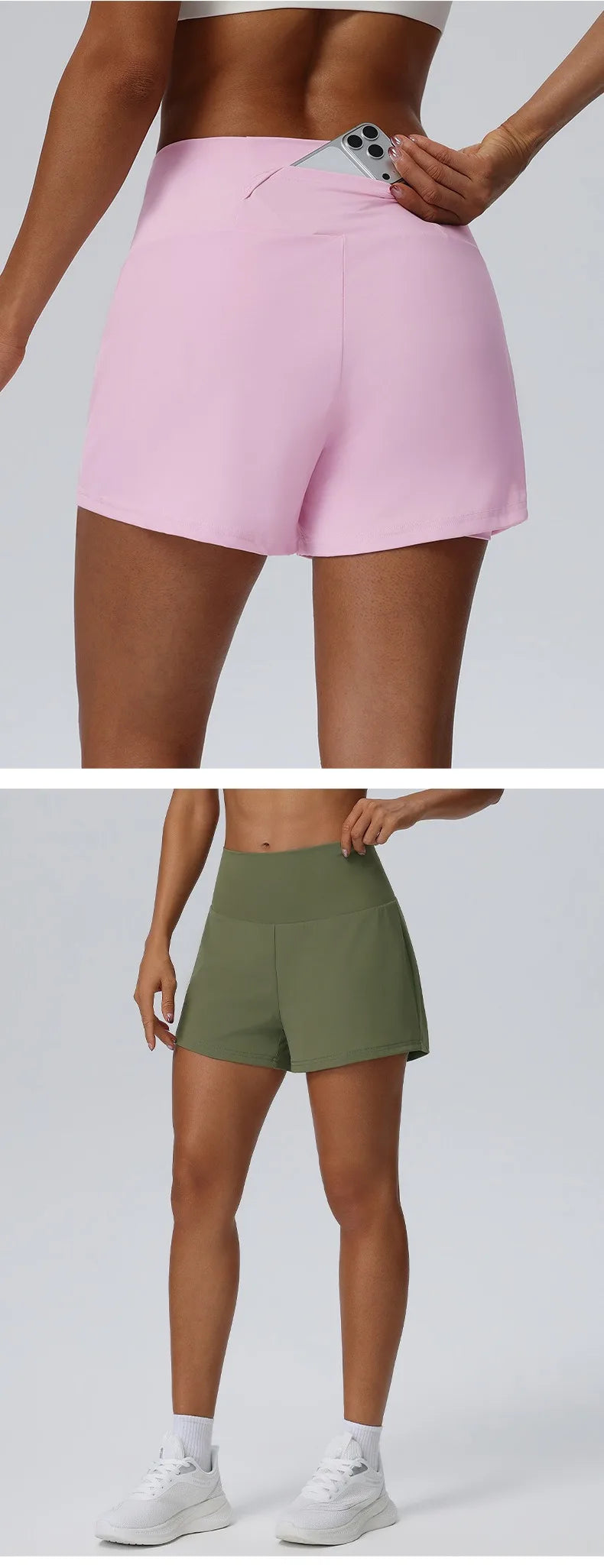 Eine Frau modelliert rosa und olivgrüne schnelltrocknende Sportshorts.