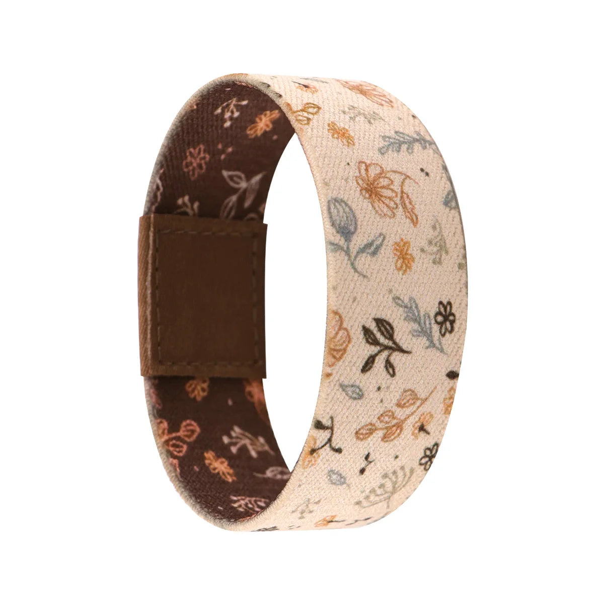 A beige stretch silicone wristband bracelet with a floral pattern and a brown strap.