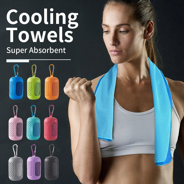 A woman is holding a blue cooling towel, demonstrating the super absorbent features of the product.