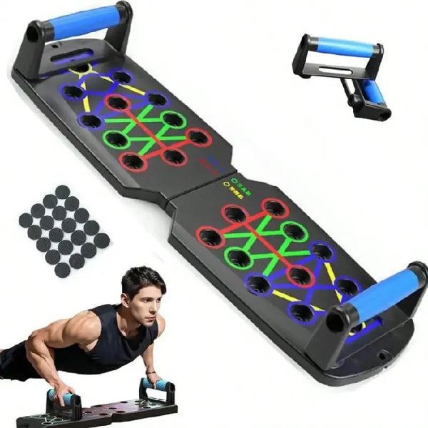 An adjustable push-up board with colored grips and a black frame is shown alongside a person performing a push-up.