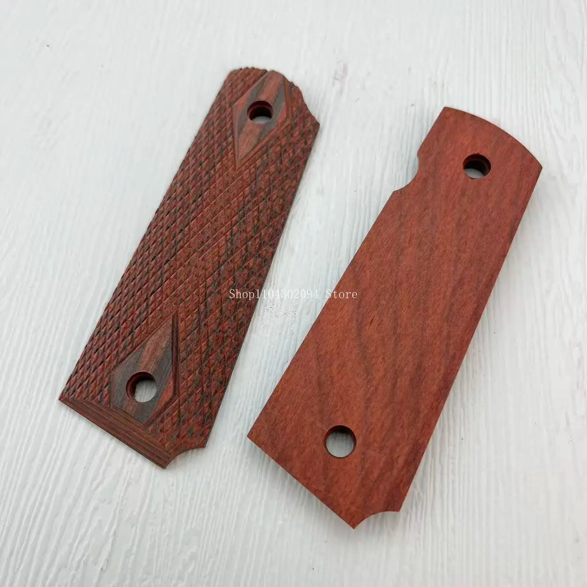 Two wooden rosewood knife grip patches showing different wood grain patterns and shapes