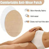 A beige anti-wear patch is shown on a person's thigh, demonstrating its use for friction relief.