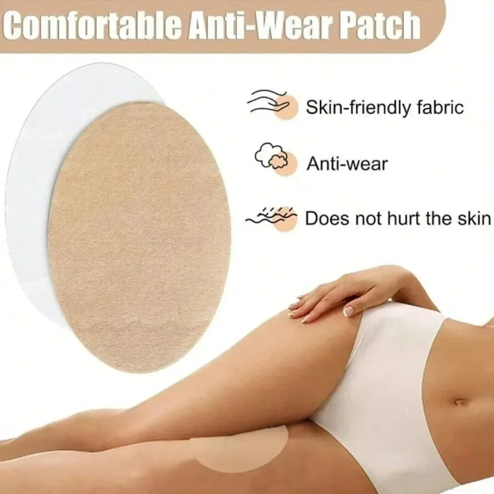 A beige anti-wear patch is shown on a person's thigh, demonstrating its use for friction relief.