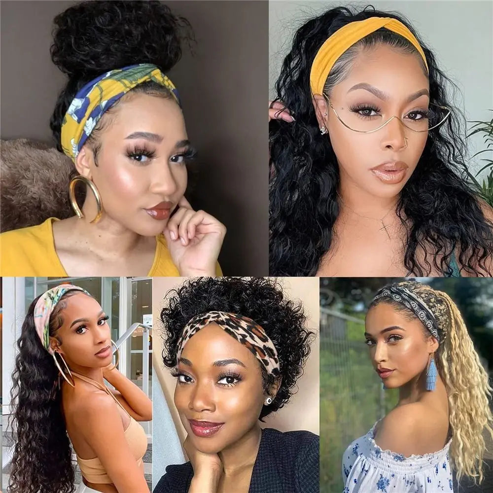 Collage de mujeres usando bandas para el cabello hechas de tela elástica como accesorios para el pelo en diferentes colores y