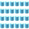 A row of blue self-adhesive sports bandages in cylindrical rolls.