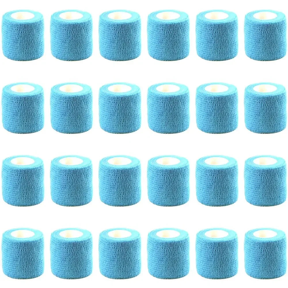 A row of blue self-adhesive sports bandages in cylindrical rolls.