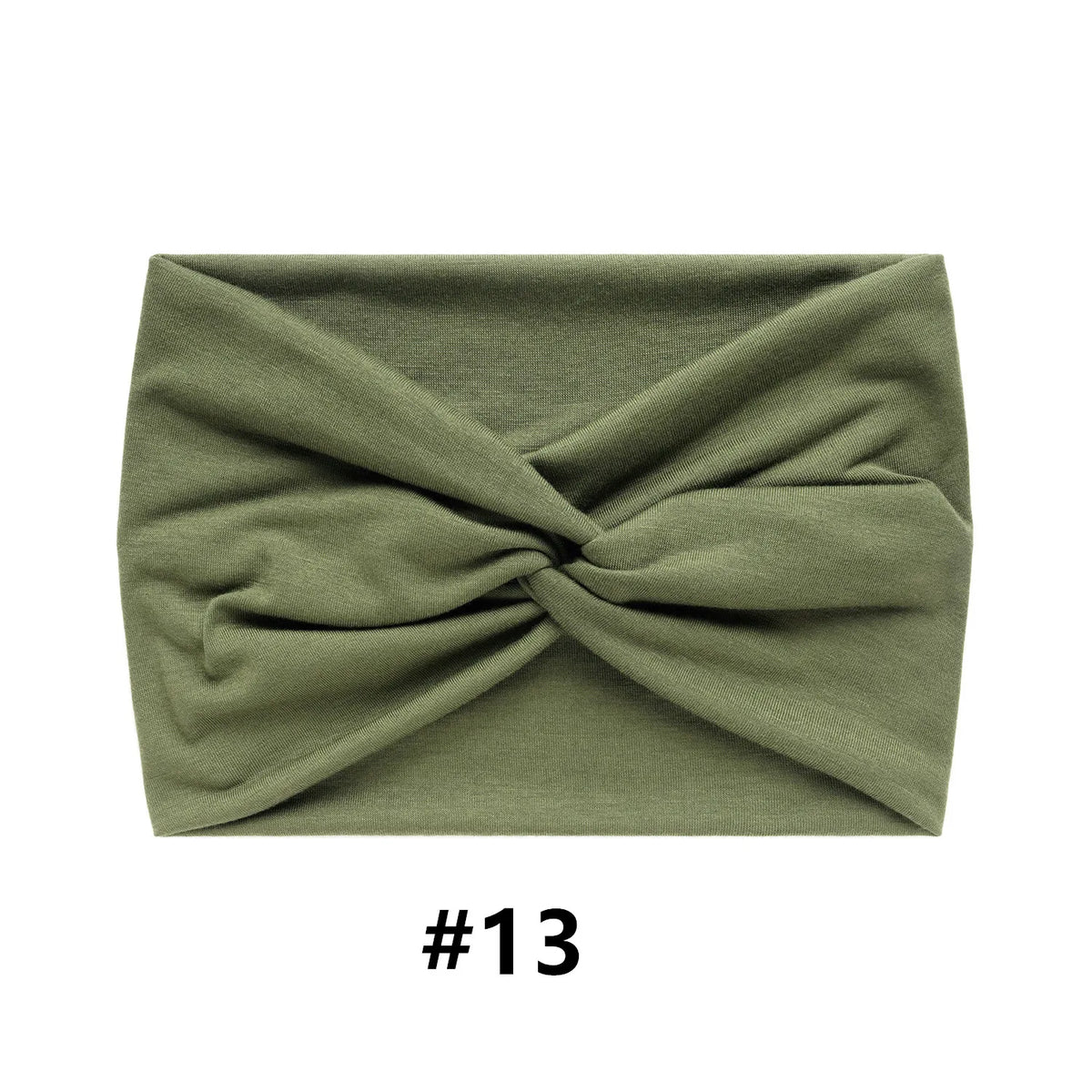 Olive green fabric headband folded into a criss-cross knot