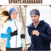 A woman wearing a blue and white sports headband while exercising, next to a man in a dark jacket.