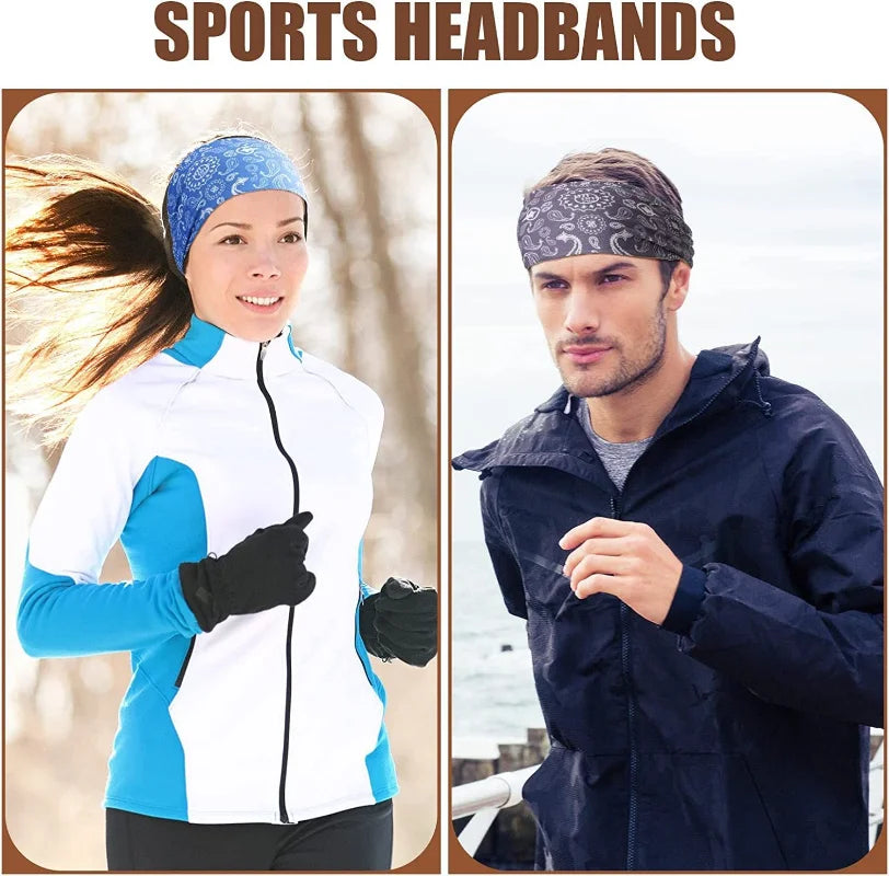 A woman wearing a blue and white sports headband while exercising, next to a man in a dark jacket.