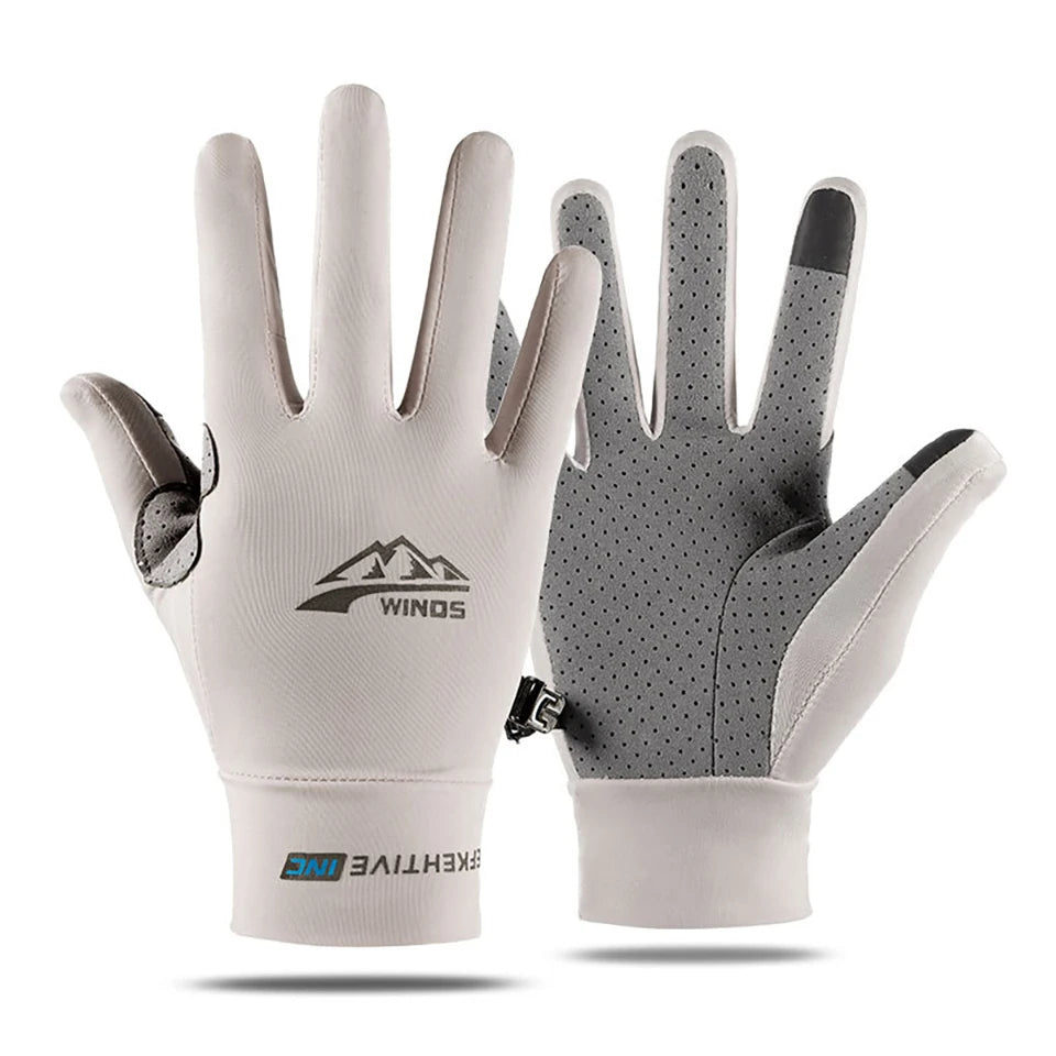 A pair of light gray summer ice silk sun protection gloves shown against a white background.