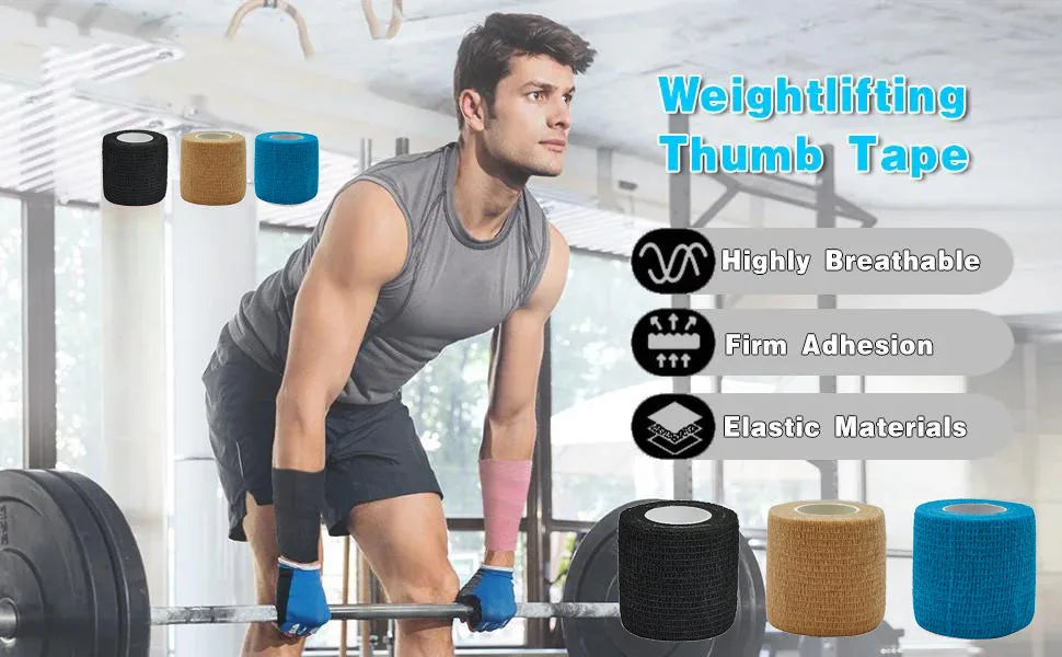 A man demonstrates a weightlifting thumb tape on his wrist during a workout.