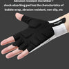Black shock-absorbing palm pad glove worn on a hand, showing its features.