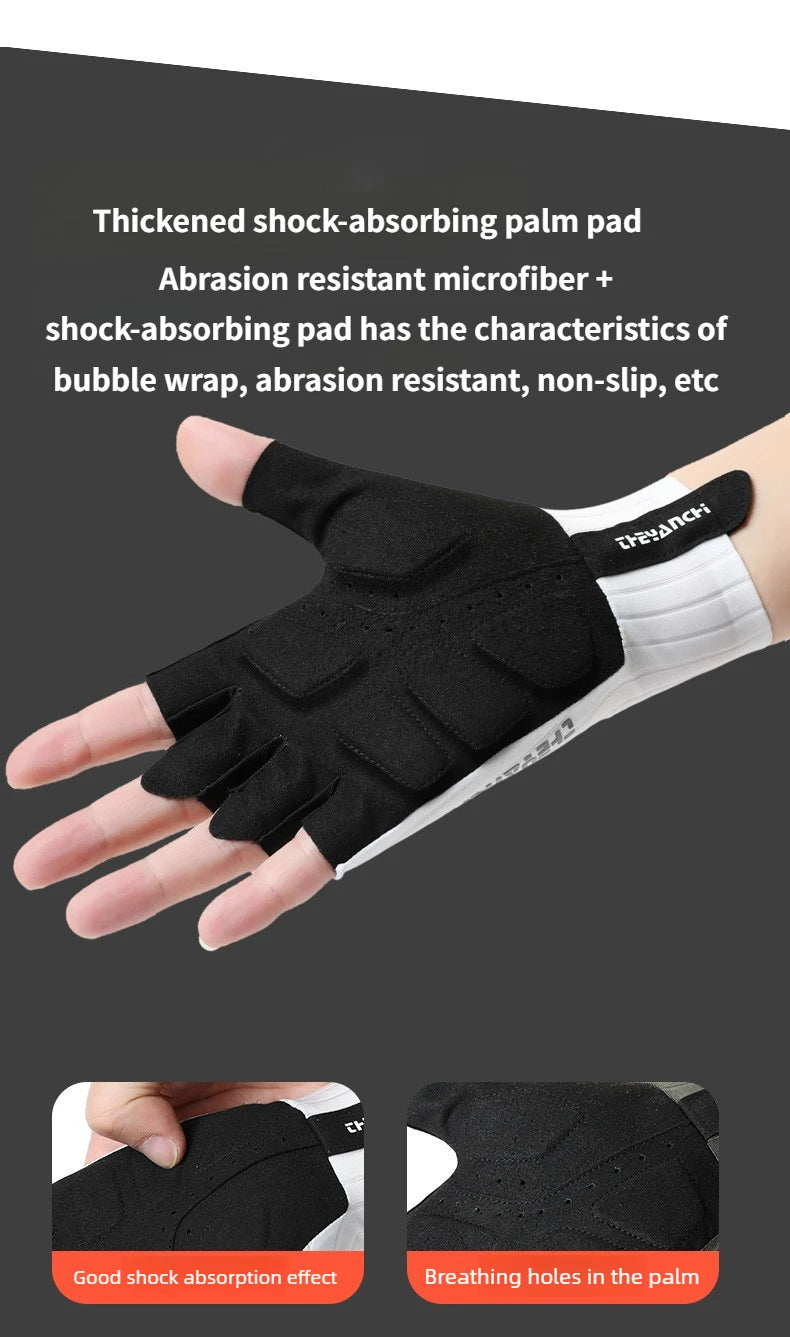 Black shock-absorbing palm pad glove worn on a hand, showing its features.