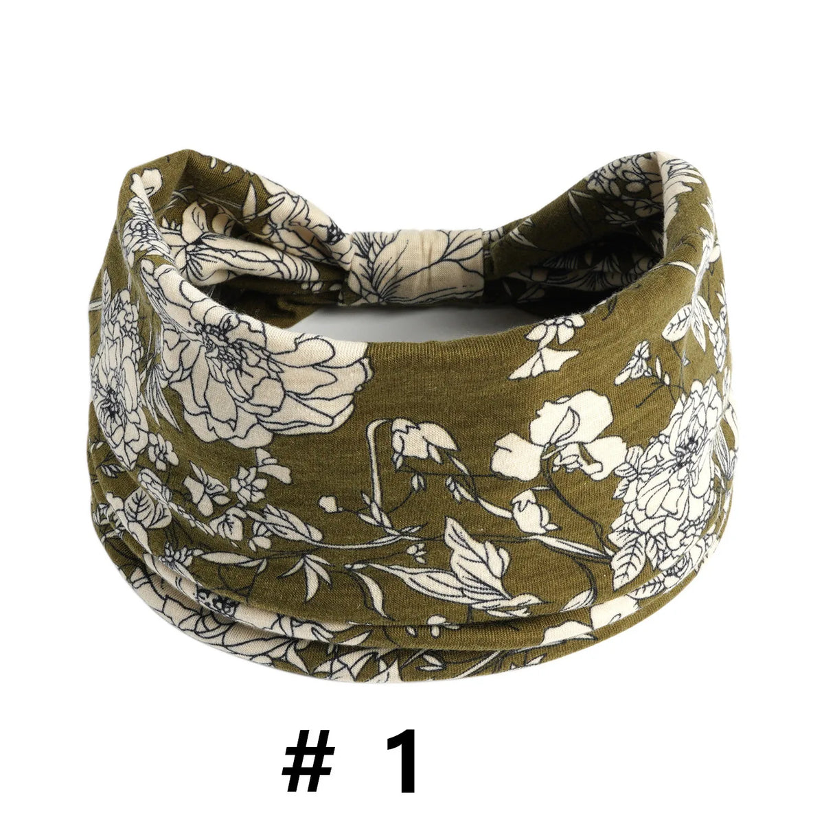Bandeau en coton stretch à motif floral olive pour yoga et sport.
