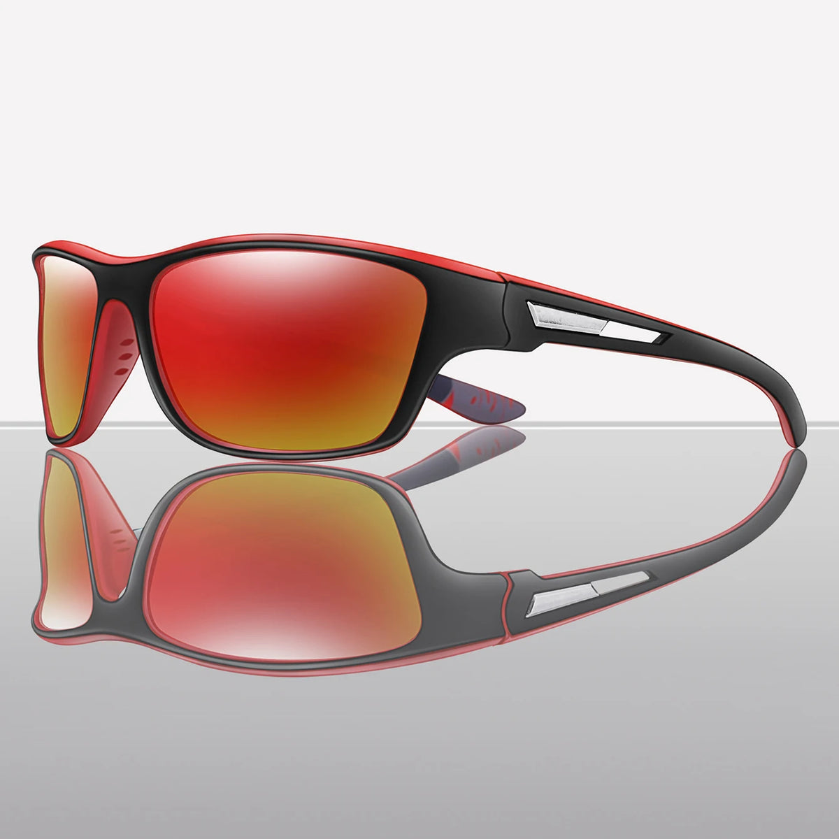 A pair of red-tinted polarized cycling sunglasses shown in a studio setting.