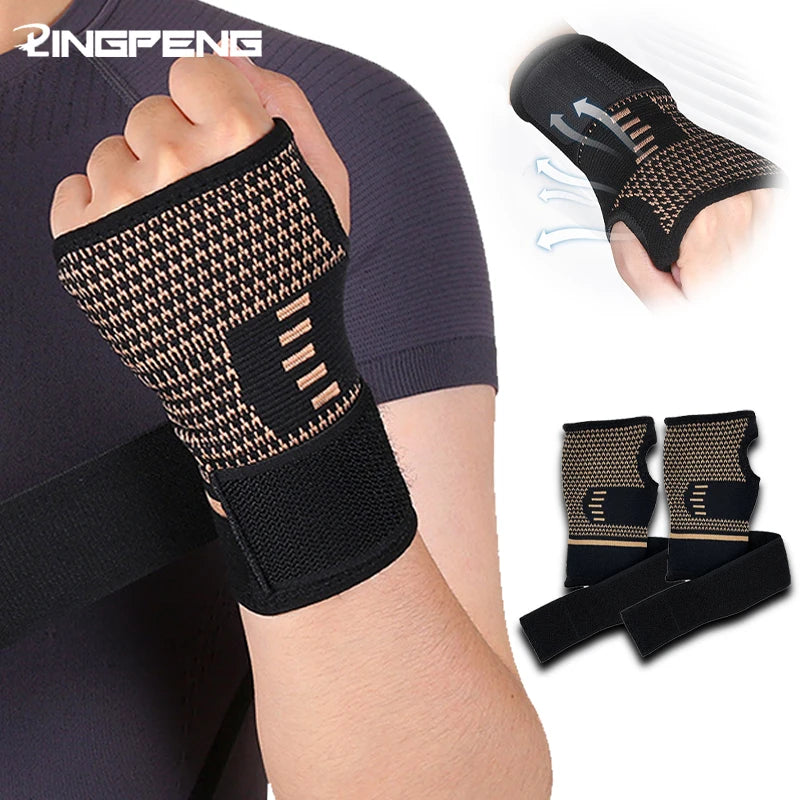 Black copper fiber wrist protector worn on a hand, showing the textured material and strap design.