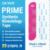 Pink OK tape product packaging showing a roll of synthetic kinesiology tape and a ruler for size reference.