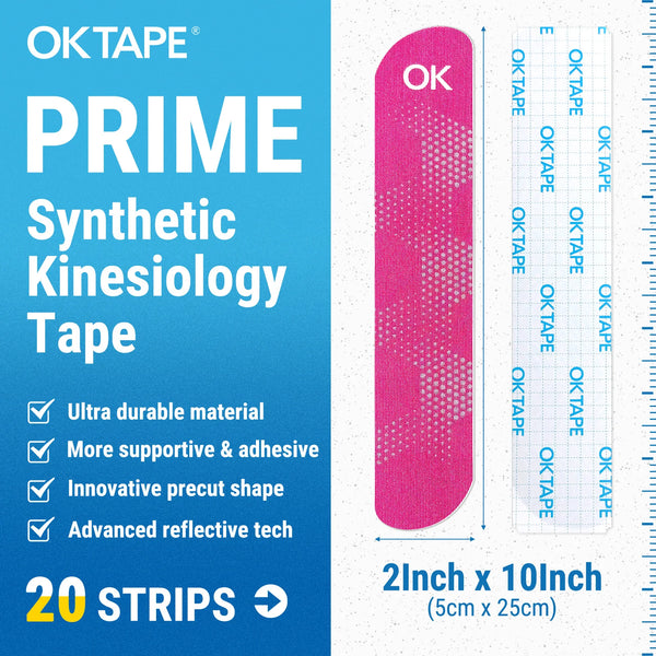 Pink OK tape product packaging showing a roll of synthetic kinesiology tape and a ruler for size reference.
