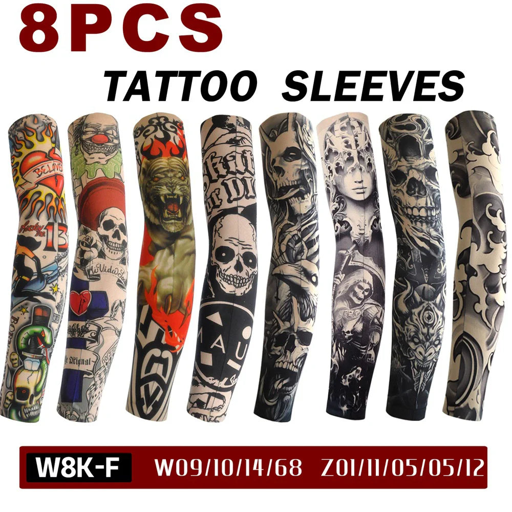 Paquete de ocho mangas para tatuajes con calaveras y diseños oscuros para protección de brazos