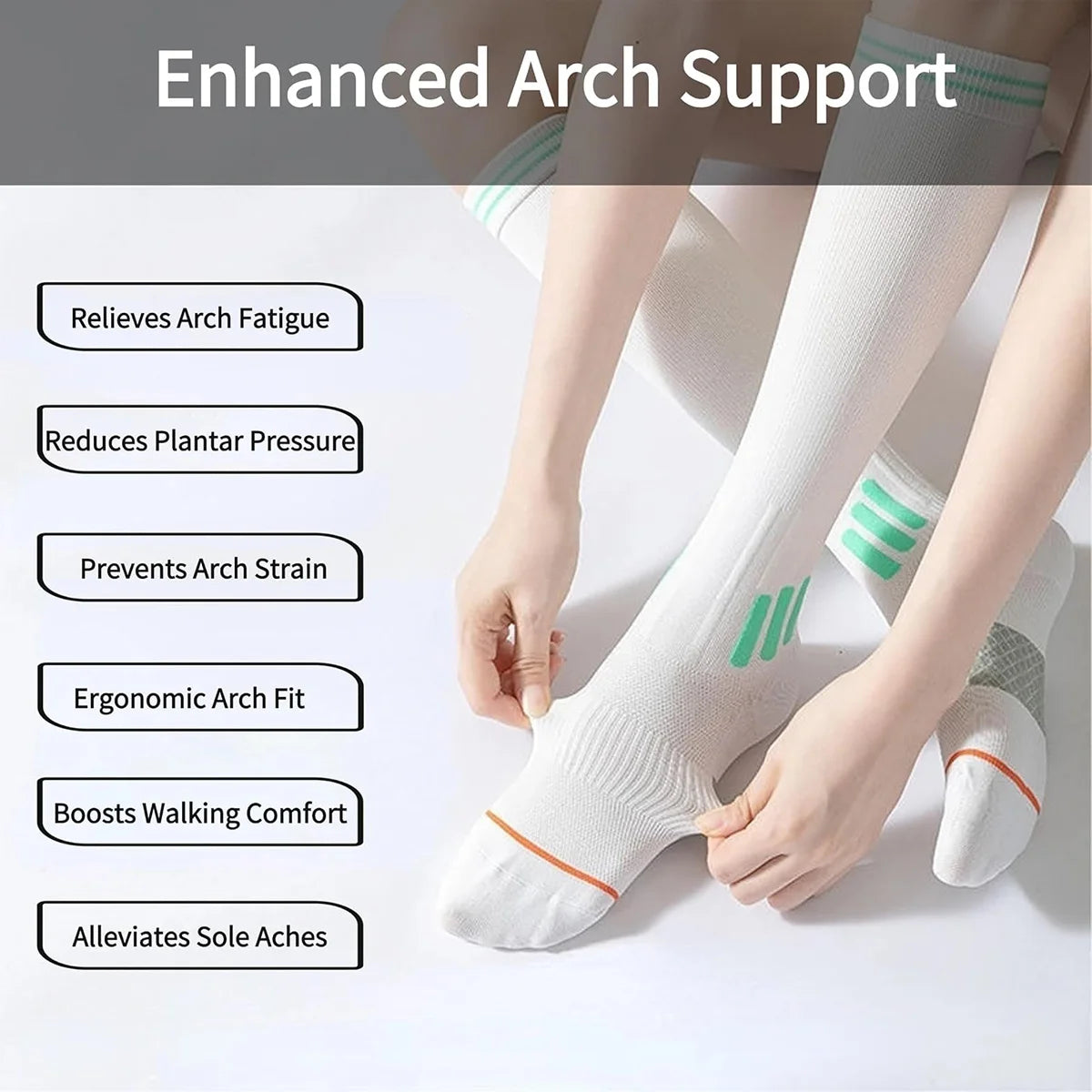 A person wearing white arch support socks is shown, highlighting features like relieving fatigue and reducing pressure.