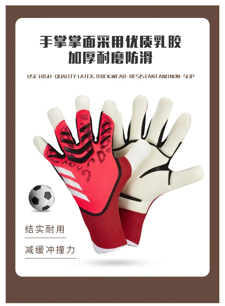 A pair of red and white latex goalkeeper football gloves shown against a white background.