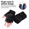 Black finger easy to detach design workout gloves shown on a hand and in an inset view