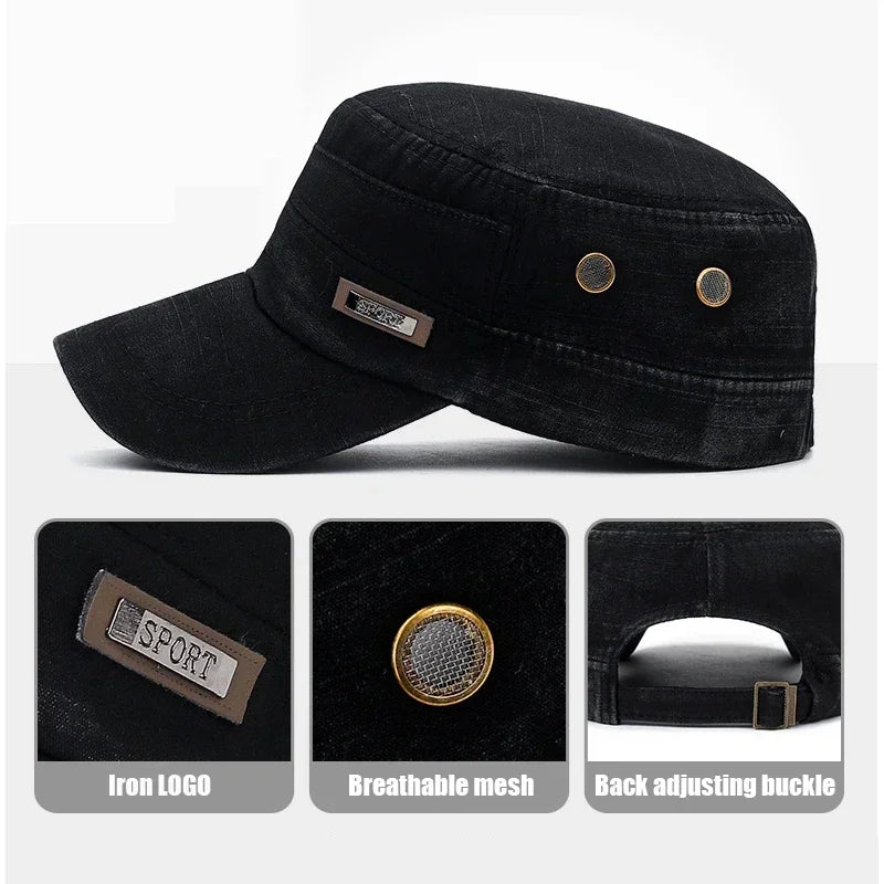 Classic Military Cadet Flat Cap – Unisex Adjustable Snapback