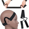 Black adjustable lace wig band shown being placed on a mannequin head.