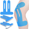 Blue kinesiology therapy tape strips and a knee support application on a leg.