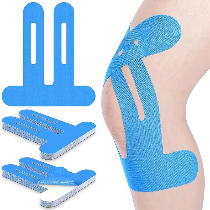 Blue kinesiology therapy tape strips and a knee support application on a leg.