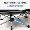 Heavy-duty steel frame cot with an X-shaped structure and padded mattress shown in a studio setting.