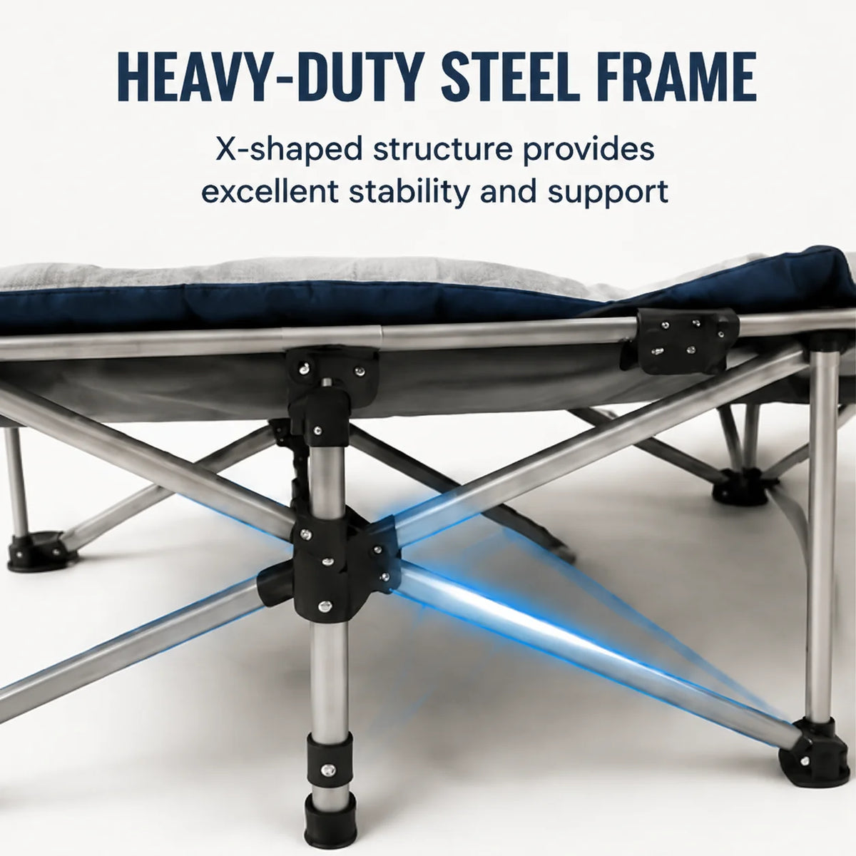 Heavy-duty steel frame cot with an X-shaped structure and padded mattress shown in a studio setting.