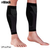 A pair of black calf compression sleeves for sports and daily wear shown on a leg.