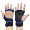 A pair of black and blue gym lifting workout gloves designed for hand and wrist protection.