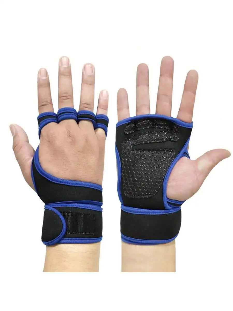 A pair of black and blue gym lifting workout gloves designed for hand and wrist protection.