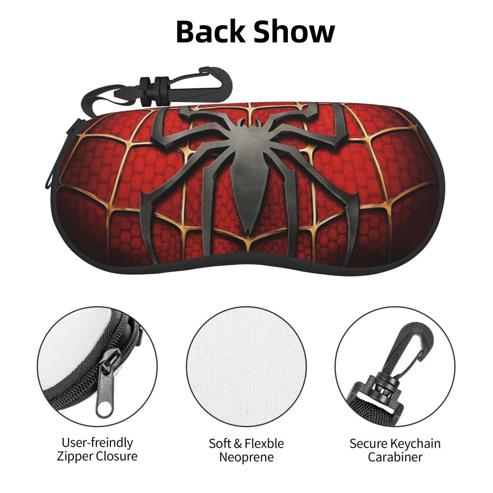 Black and red spider web patterned neoprene pouch with a keychain carabiner clip