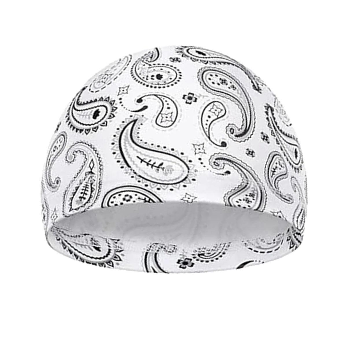 White breathable printed headscarf cap for activewear with paisley and floral patterns