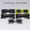 A collection of stylish glasses featuring black, lime green, and tortoiseshell frames.