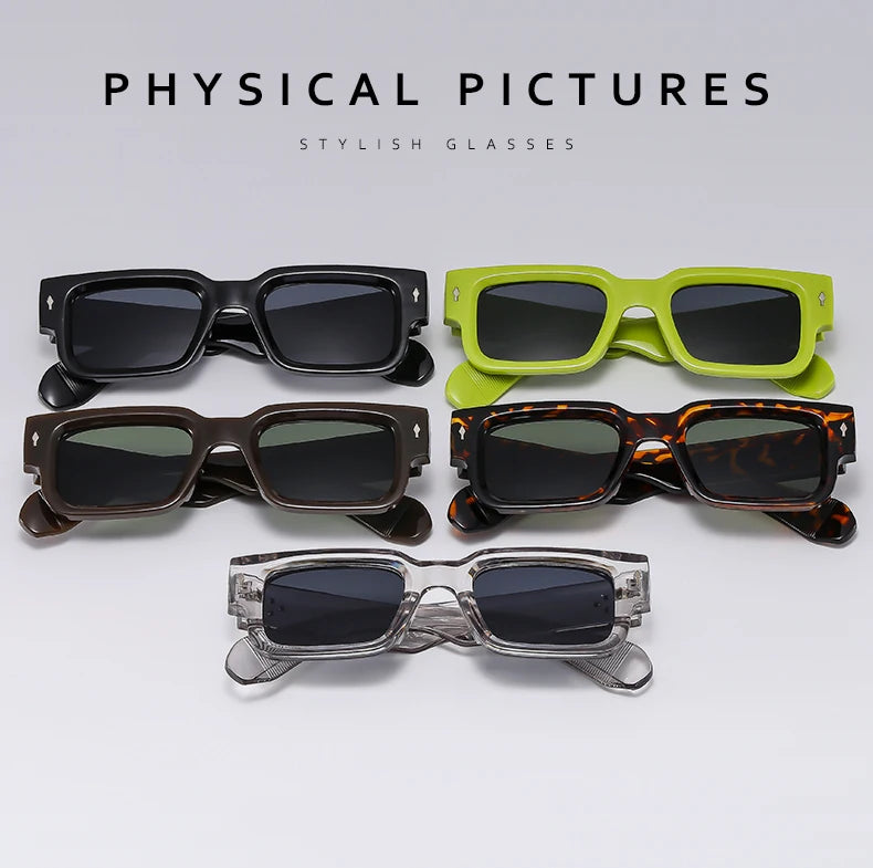 A collection of stylish glasses featuring black, lime green, and tortoiseshell frames.