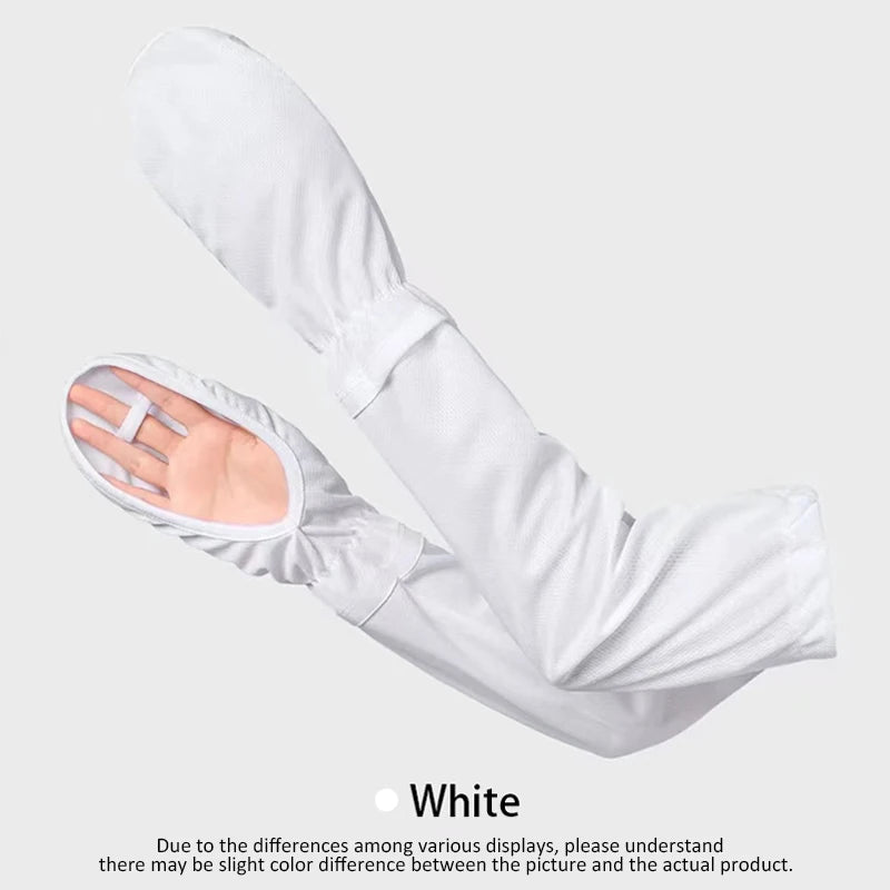 White ice silk cooling arm sleeves shown on a hand and forearm.