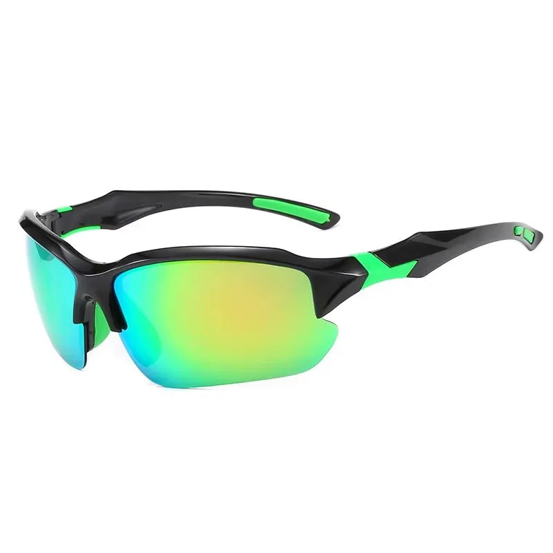 A pair of black sunglasses with bright green polarized lenses and accents for outdoor activities.