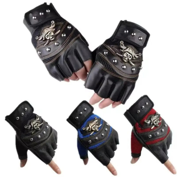 A set of black PU leather fingerless gloves for sports and fashion shown from various angles.