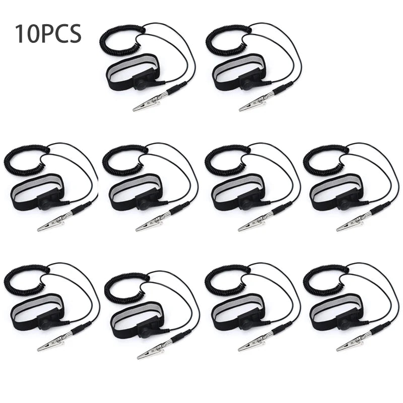 Ten adjustable ESD wrist straps for electronics safety, shown in various configurations.