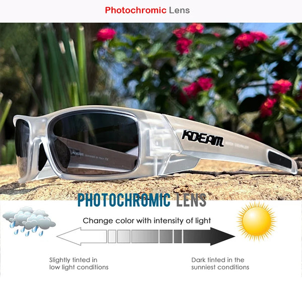 Un par de lentes fotochromicos transparentes con montura futurista contra un fondo natural al aire libre.