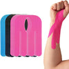 A pack of twelve pink kinesiology tapes are shown on a hand, demonstrating their application for sports and pain relief.