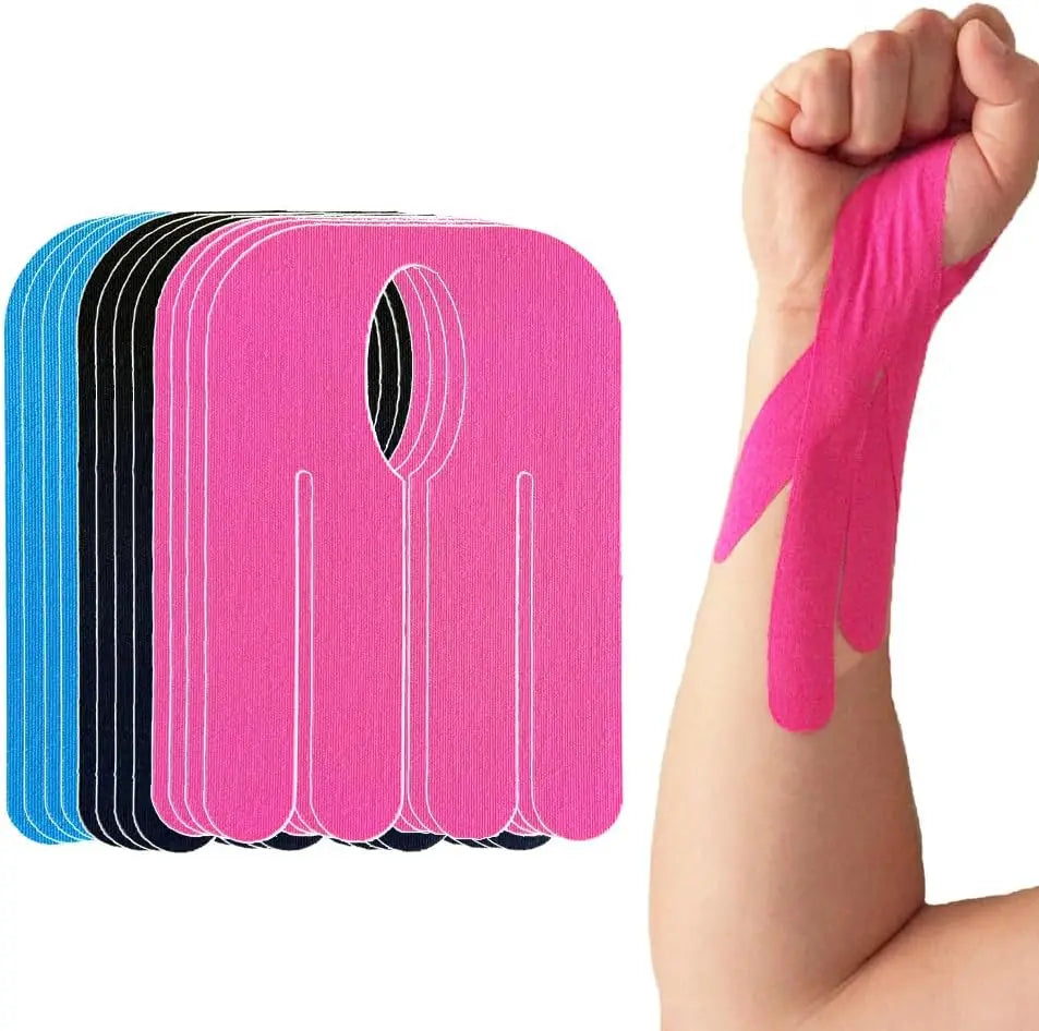 A pack of twelve pink kinesiology tapes are shown on a hand, demonstrating their application for sports and pain relief.
