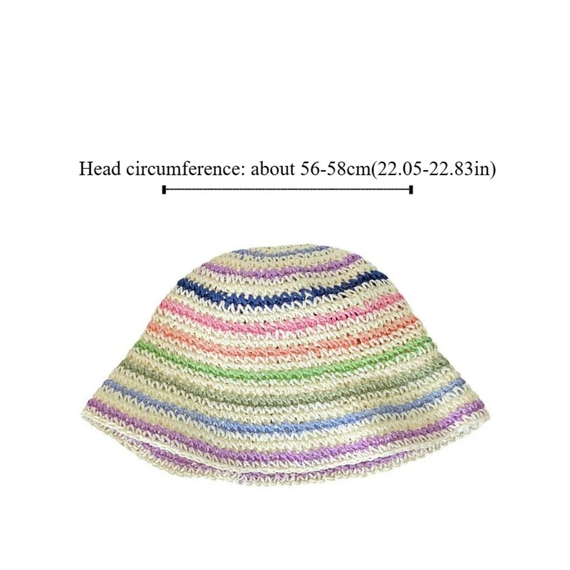 Handwoven Rainbow Stripe Straw Sun Hat with Wide Brim