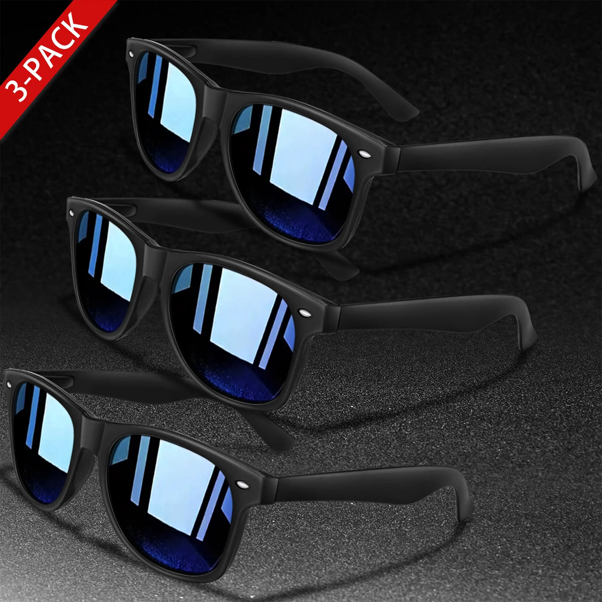 A 3-pack of black retro style UV protection sunglasses with blue mirrored lenses displayed on a dark surface.